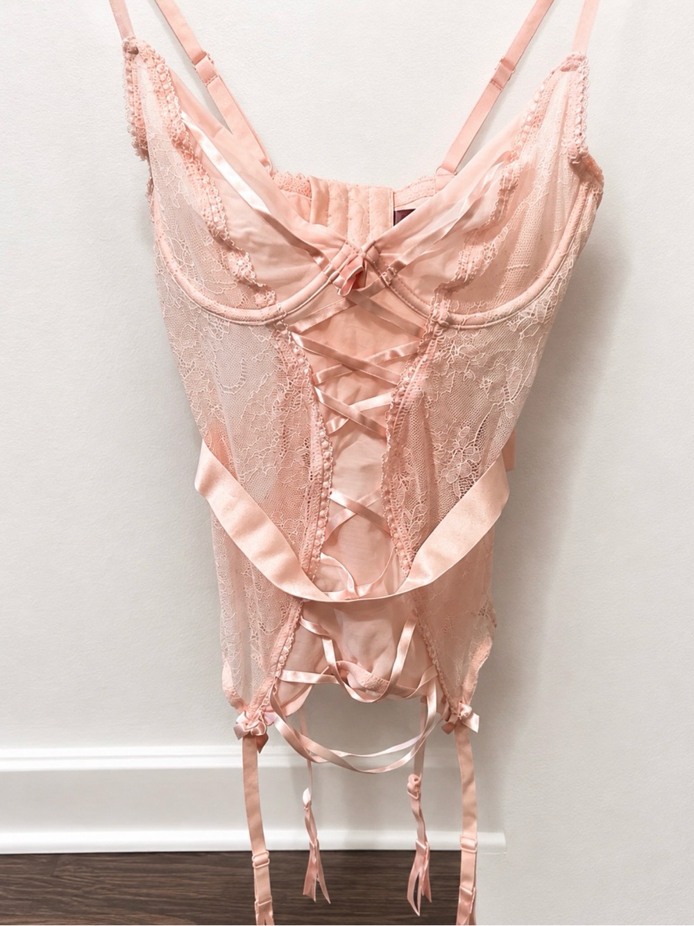Adore Me Blush Pink Lace Bustier with Satin Garter Straps